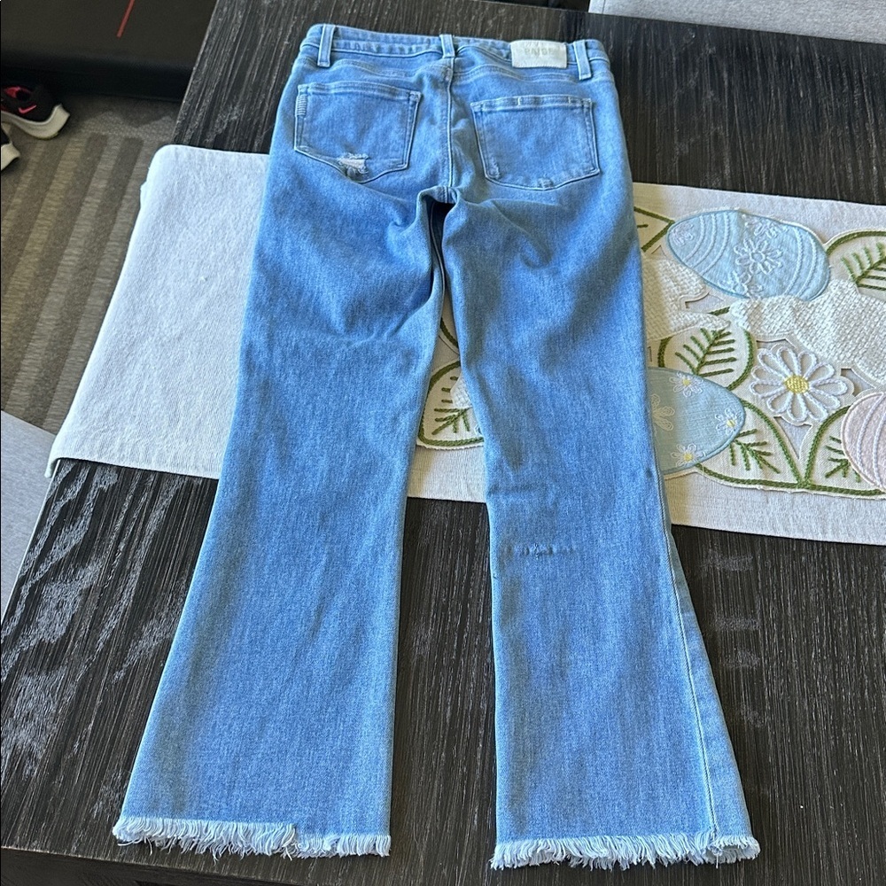 PAIGE Colette Anthropologie Blue Mid-Rise Raw Hem Denim Capri Jeans, Size 28 - Picture 12 of 14